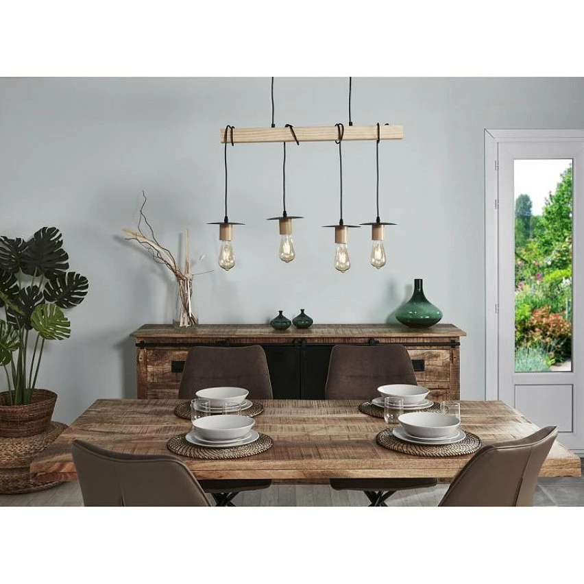 Nouveau đ„ Paris prix Suspension 4 Lampes - Abat-jour disque - MĂ©tal noir et bois - NEW DETROIT đ â Image 6