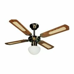 Promo 🔥 FARELEK - BALI Ø 107 cm - Ventilateur de plafond réversible Laiton Antique, 4 pales noyées / cannées noyer + éclairage ✔️