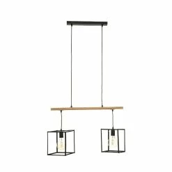 Offres 🔥 Atmosphera Luminaire Suspension 2 Lampes en Métal Noir et Bois d'Acacia 👏