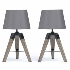 Meilleure vente 😀 IDMARKET Lot de 2 lampes de chevet d'appoint HILDA sur pied en bois foncé grises ✨