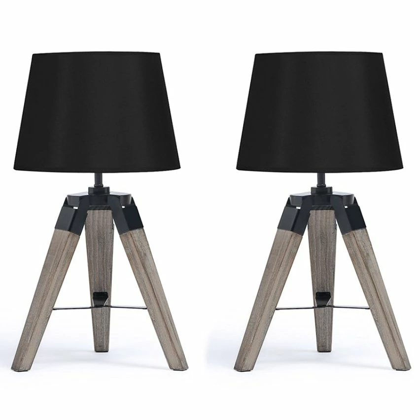 Meilleur prix đ IDMARKET Lot de 2 lampes de chevet d'appoint HILDA sur pied en bois foncĂ© noires đ