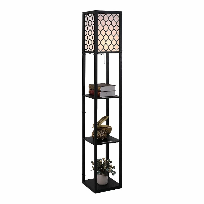 Budget ✔️ Homcom Lampadaire étagère lampe étagère 26L x 26l x 160H cm 3 étagères 4 niveaux MDF noir motif nid d'abeille 😀
