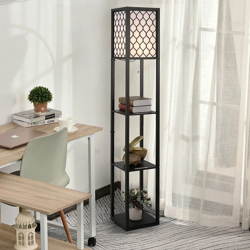 Budget ✔️ Homcom Lampadaire étagère lampe étagère 26L x 26l x 160H cm 3 étagères 4 niveaux MDF noir motif nid d'abeille 😀 – Image 2