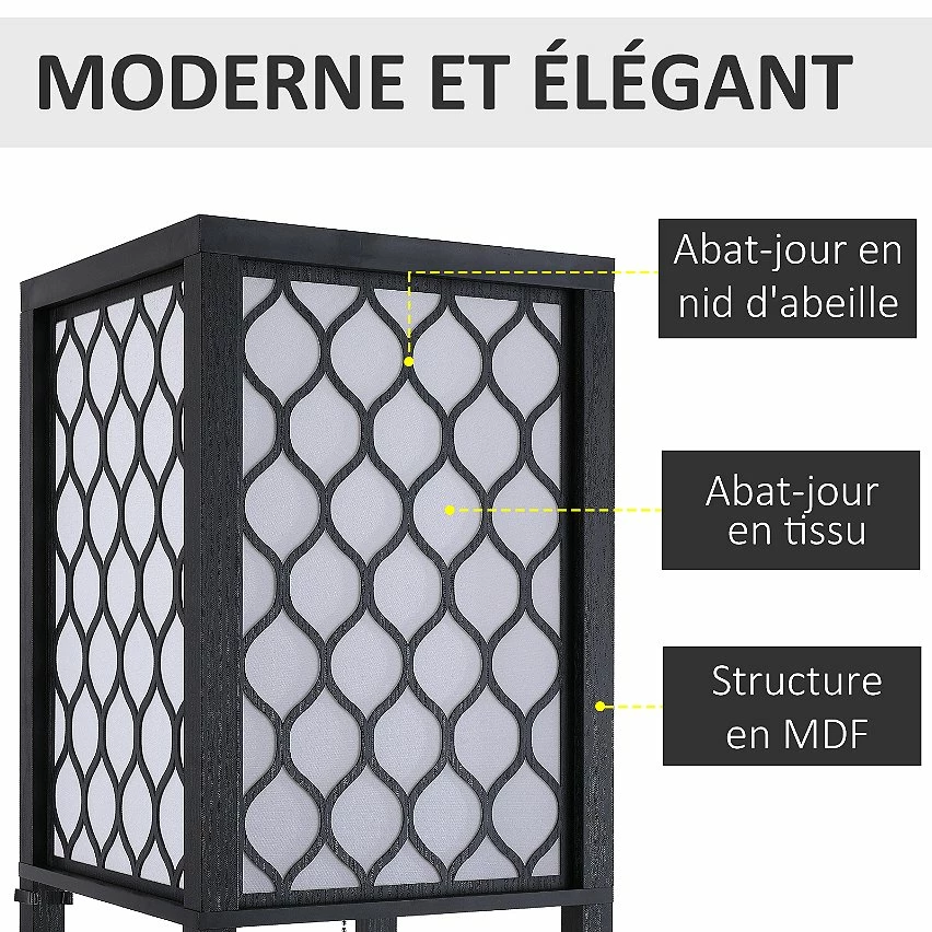 Budget ✔️ Homcom Lampadaire étagère lampe étagère 26L x 26l x 160H cm 3 étagères 4 niveaux MDF noir motif nid d'abeille 😀 – Image 4