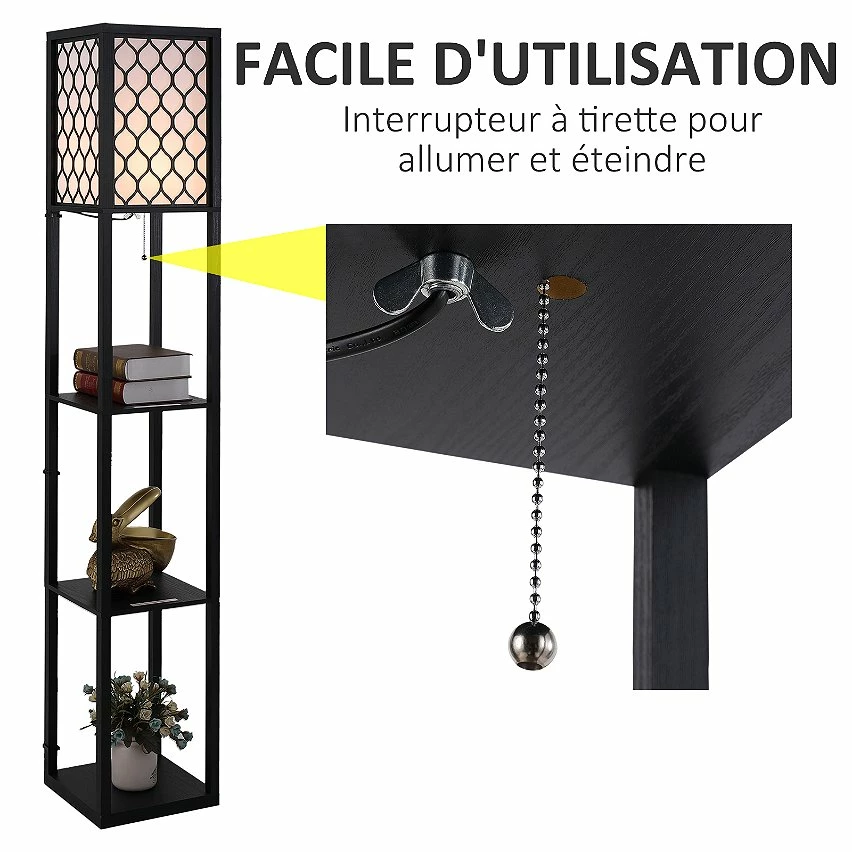 Budget ✔️ Homcom Lampadaire étagère lampe étagère 26L x 26l x 160H cm 3 étagères 4 niveaux MDF noir motif nid d'abeille 😀 – Image 5