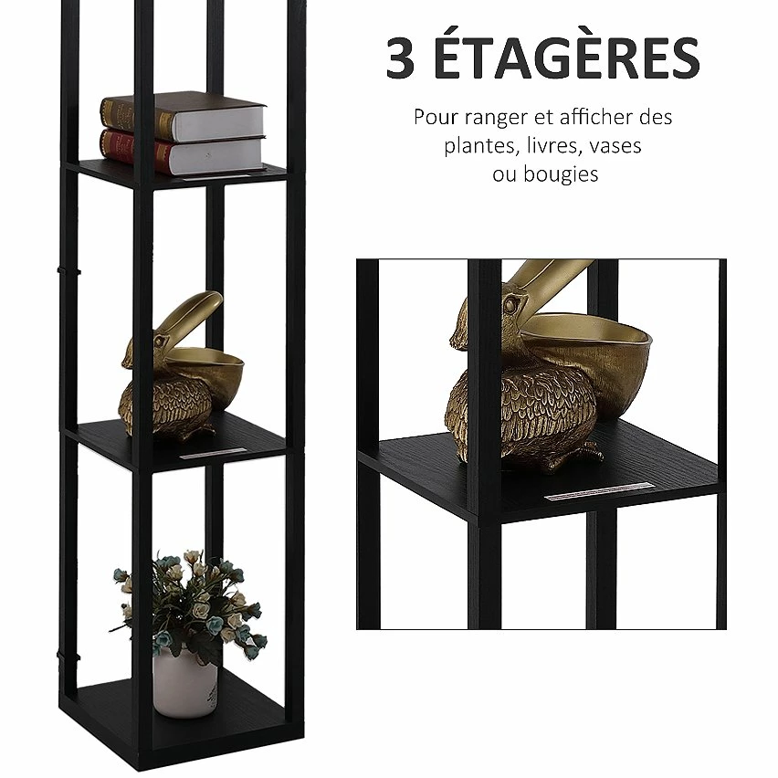 Budget ✔️ Homcom Lampadaire étagère lampe étagère 26L x 26l x 160H cm 3 étagères 4 niveaux MDF noir motif nid d'abeille 😀 – Image 6