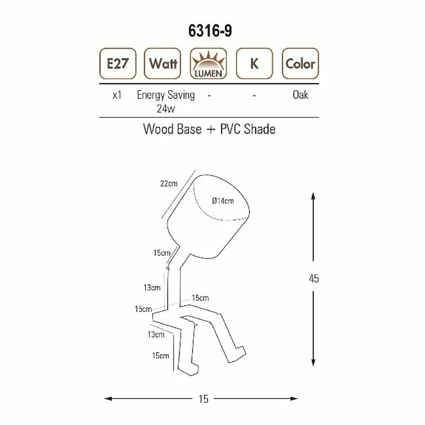 De gros đ HOMEMANIA Lampe de Bureau Omino - ChĂȘne - 15 x 15 x 45 cm đ â Image 2